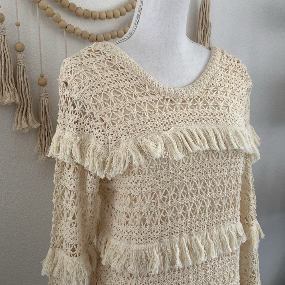 Volcom cream crochet mini dress tiered fringe low back cocoknit vacation medium - Picture 5 of 16